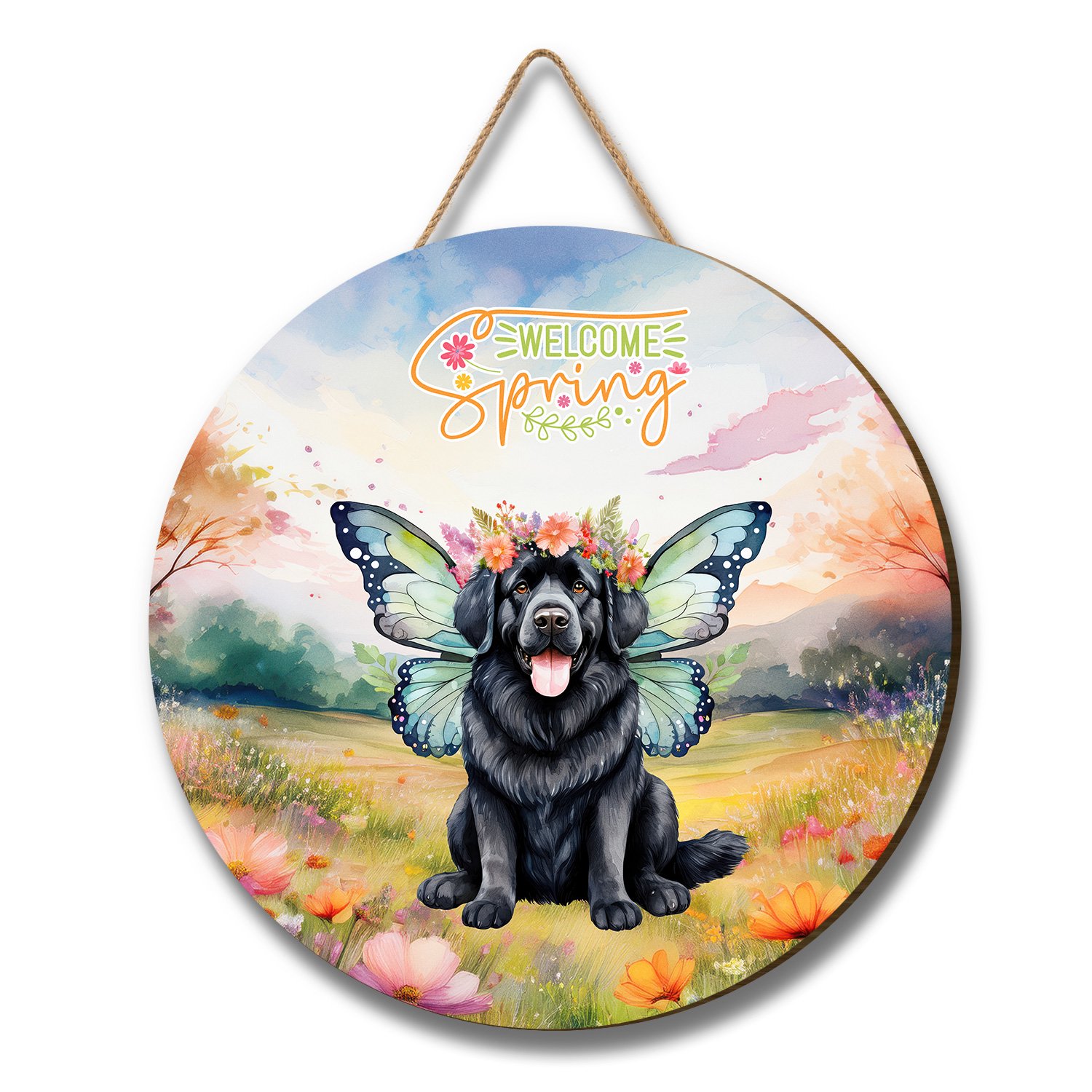 Welcome Spring Fairy Newfoundland in Flower Meadow Round Wood Sign Newfie Dog Lover Gifts Hanging Wall Home Decor - 13002