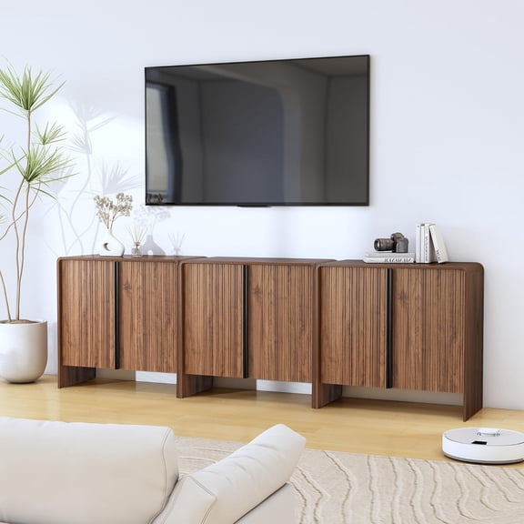 92inch Fluted Sideboard Buffet Cabinet with Storage,Walnut Long 6 Door Sideboard Buffet with Adjustable Shelves, Curved Accent Table for Living Room Kitchen Entryway