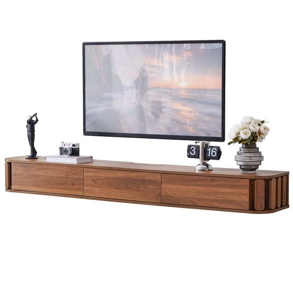 MIYZEAL 71" Floating TV Stand with Drawer and Silent Cache Door, Wall Mounted Entertainment Center for TVs up to 75", Extra Long Media Console with Storage for Living Room, Bedroom (Walnut)