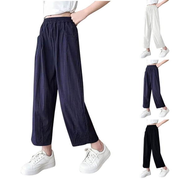 Girls Lightweight Crinkled Pants, Elastic High Waist Loose Wide Leg Casual Cropped Trousers with Side Pockets 5-15Y Navy