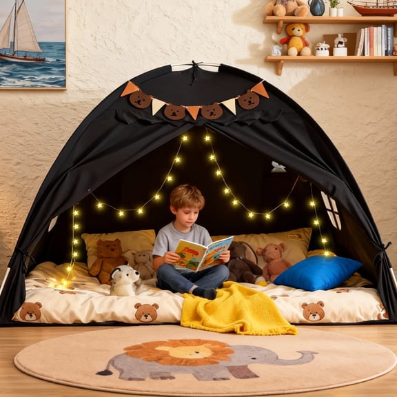YEERSWAG® Kids Play Tent, Play Tent for Kids, Bed Tent for Floor Tent with Curtains, Reading Nook Tent for Boys and Girls, Black