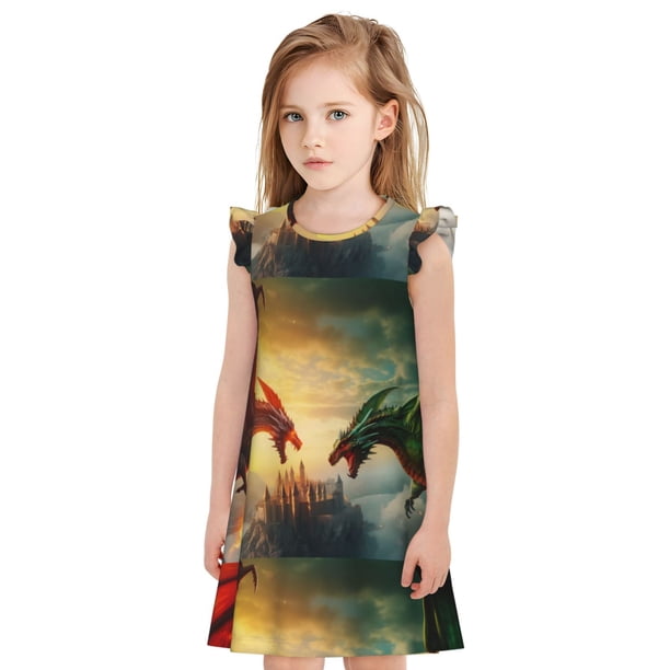 Fotbe Castle Red Green Sky Dragon Vestido de Dormir para Niñas de 3 a 10 Años, Mangas Cortas, Estilo Princesa, Pijama Camisón con Mangas Voladas-Small