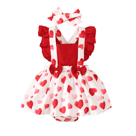 

Mikrdoo Baby Girls Clothes Sleeveless Heart Print Straps Suspender Romper Dress With Headband 2Pcs OOTD Red 12-18 Months
