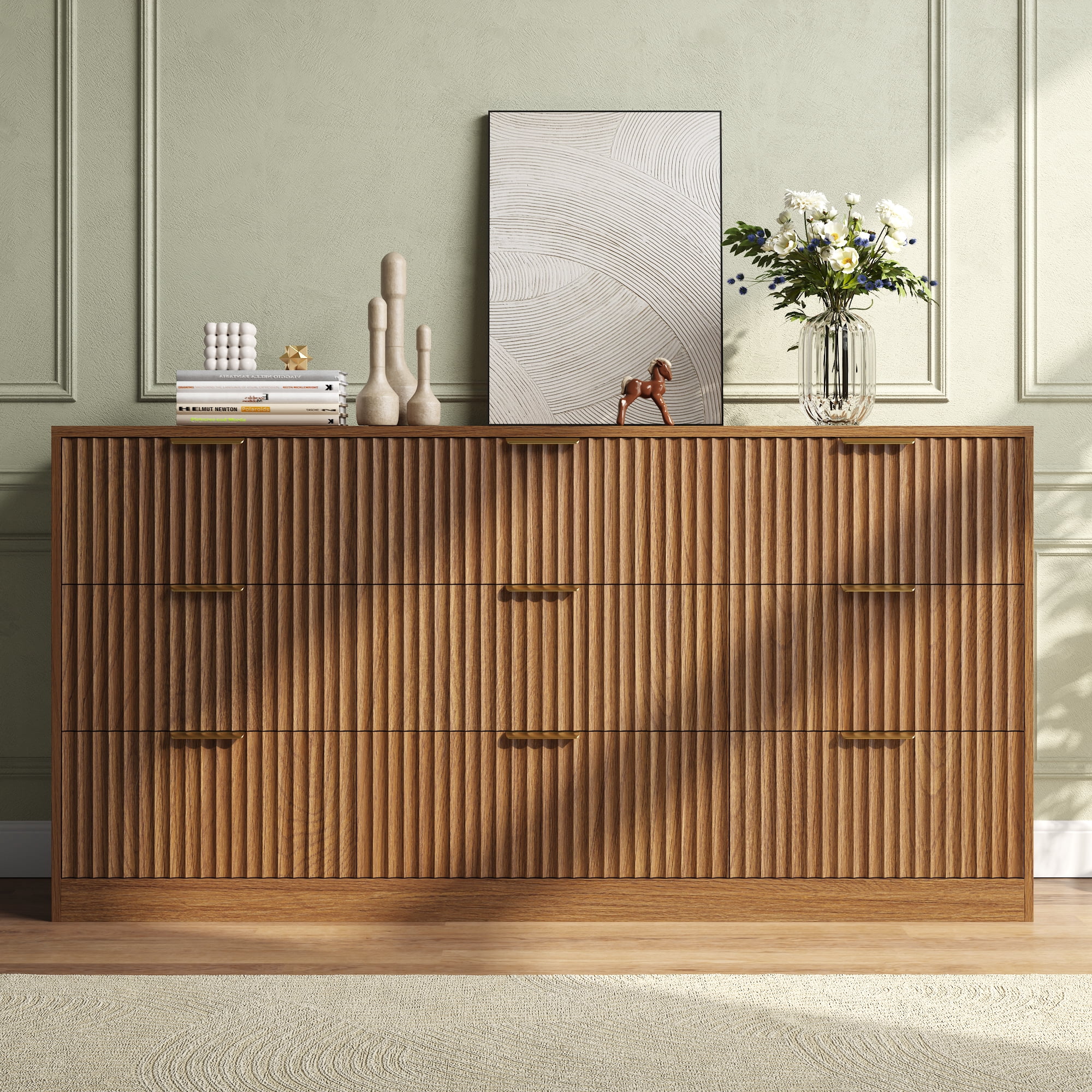 ASTUVIA 63" W Fluted 9 Drawer Dresser for Adult,Wooden Bedroom Dresser,Dresser TV Stand up to 70" for Living Room,Oak