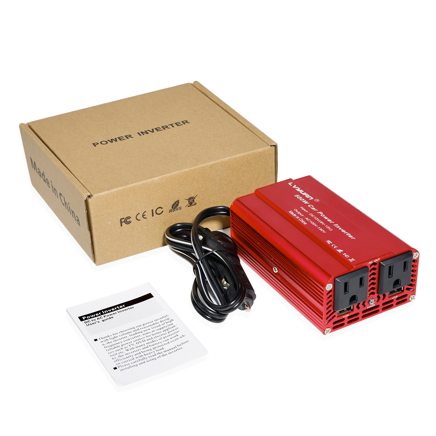 EFFORTWAY 500 Watts Power Inverter Car Converter DC 12V to AC 110V 120V Adapter Battery Charger for Car 2AC 2USB Red