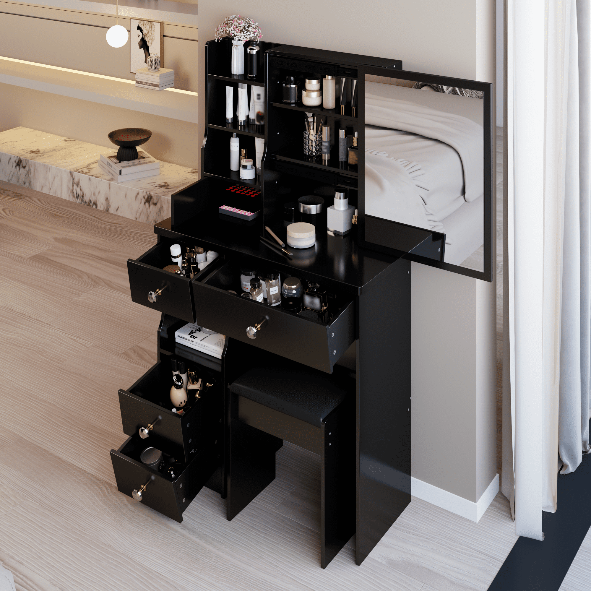 Kadyn Vanity Desk with 5 Drawers, Makeup Vanity Table with Extra Large Right Sliding Mirror, Dressing Table Makeup Desk for Small Space, Black