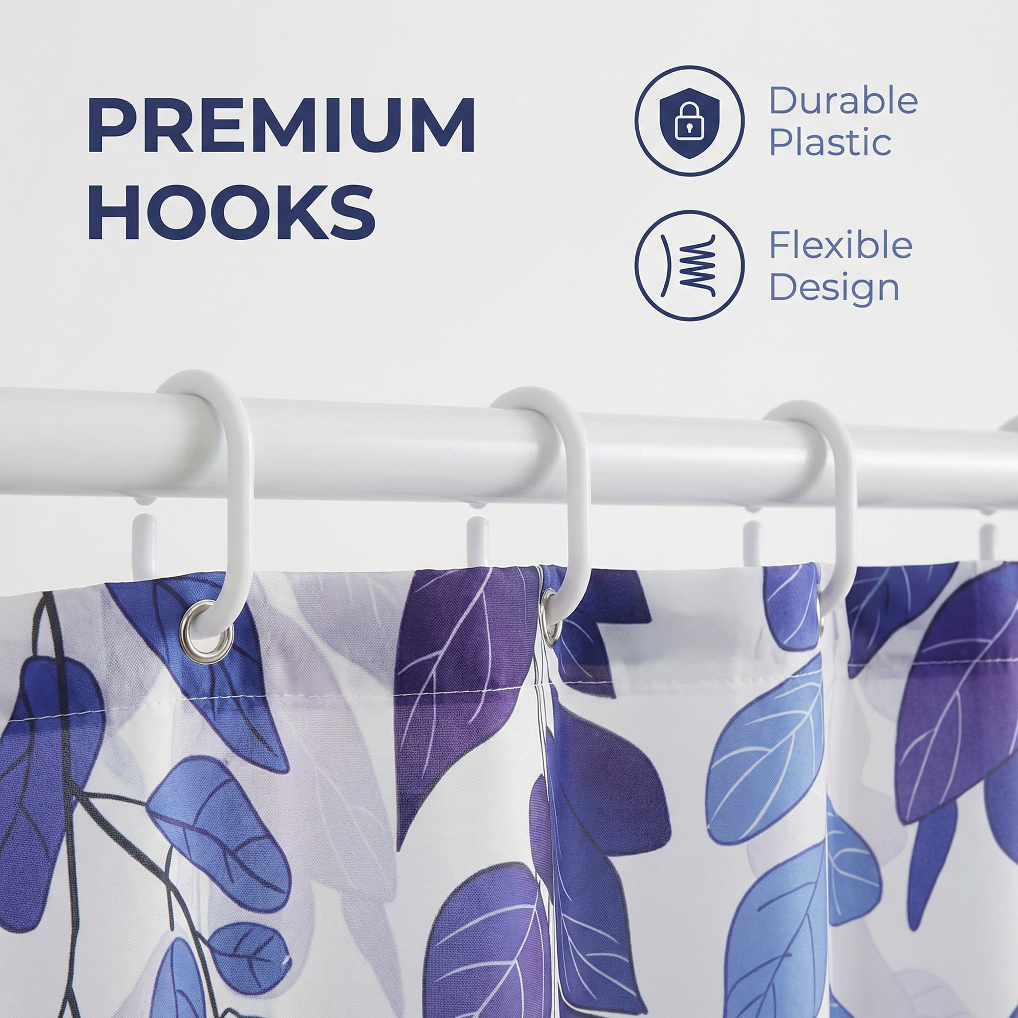 Unique Bargains Waterproof Plant-Print Shower Curtain Set with 12 Hooks Blue 71"W x 71"L