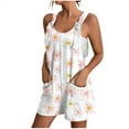 thumbnail image 2 of Summer Tank Top Romper for Women Casual Floral Print Short Jumpsuit with Pocket Tie Shoulder One Piece Workout Overalls, White, M, 2 of 6