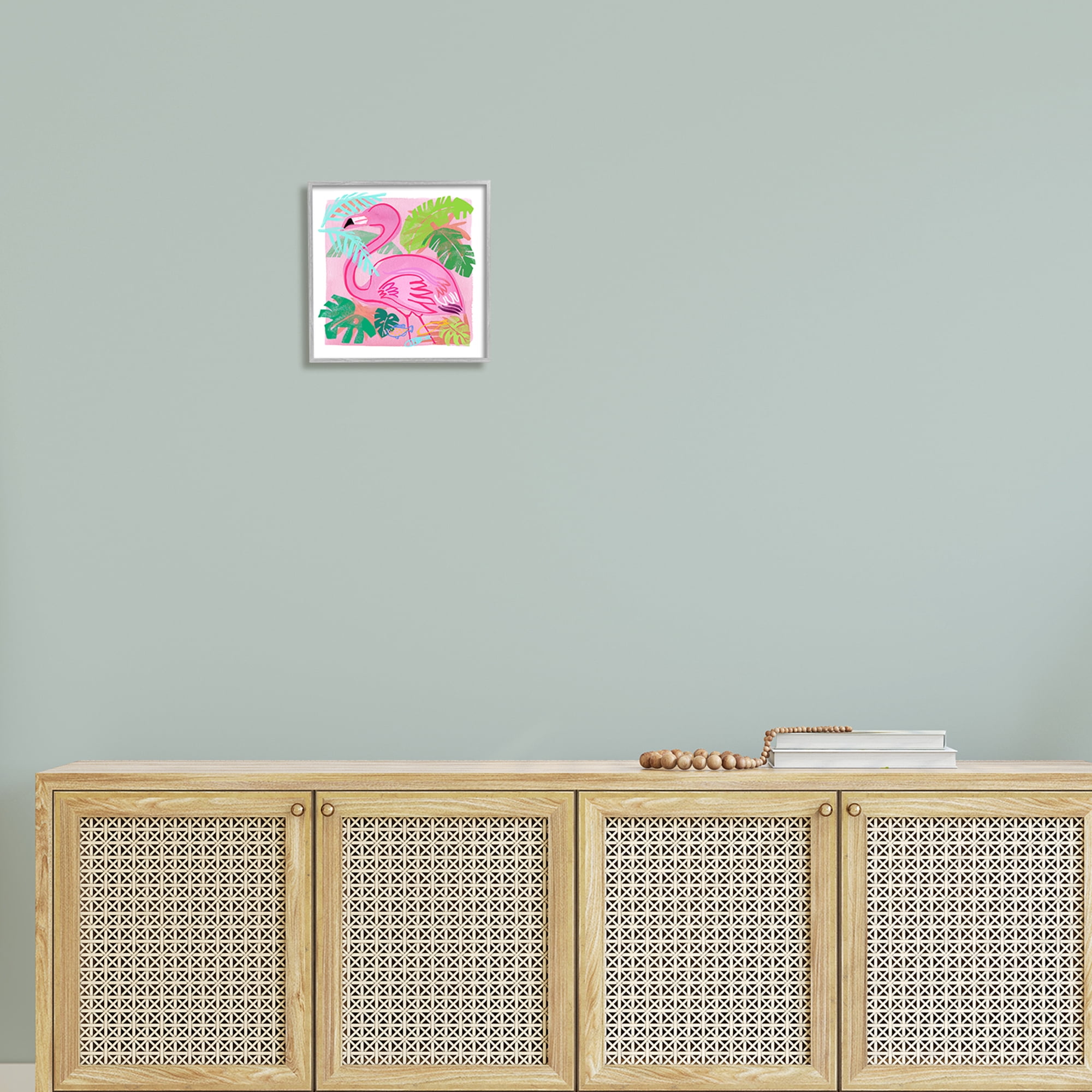 Stupell Industries Tropical Flamingo Bird Layered Fish Beach Leaves Graphic Art Gray Framed Art Print Wall Art, Design by unknown