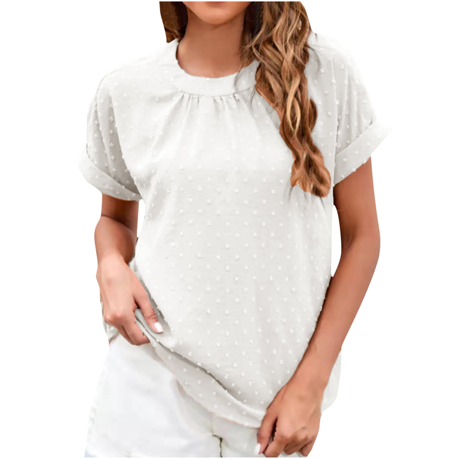 Boho Tops Women Womens Fashion Swiss Dot Pom Pom Print Shirts Casual Short Sleeve Solid Color T shirts Blusas de Mujer de Moda - Walmart.com