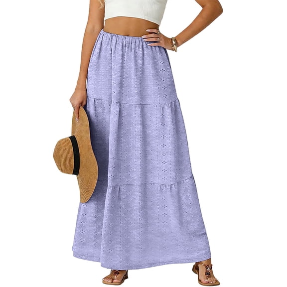 Summer Skirts for Women Boho Lace Up Hollow Out Pleated Maxi Skirts Womens Casual Solid Plus Size Hight Waist Flowy A Line Flared Long Skirts
