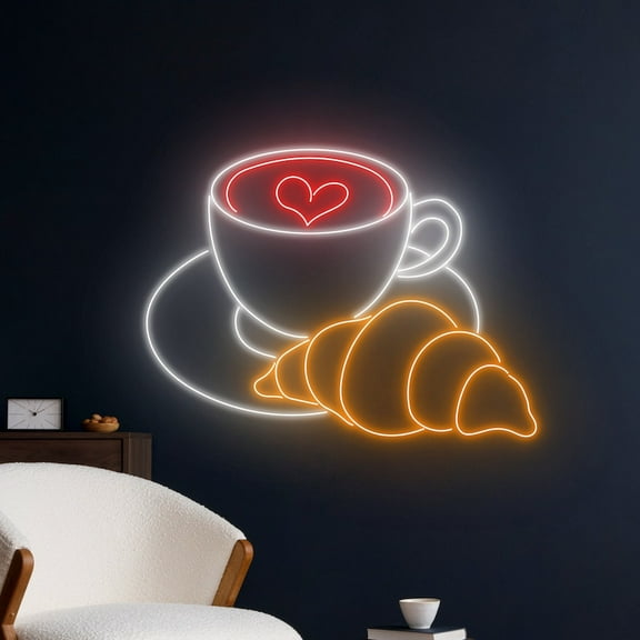 Handmadetneonsign Croissant Coffee Neon Sign, Cafe Croissant Neon Light, Tea Cup Croissant Decor