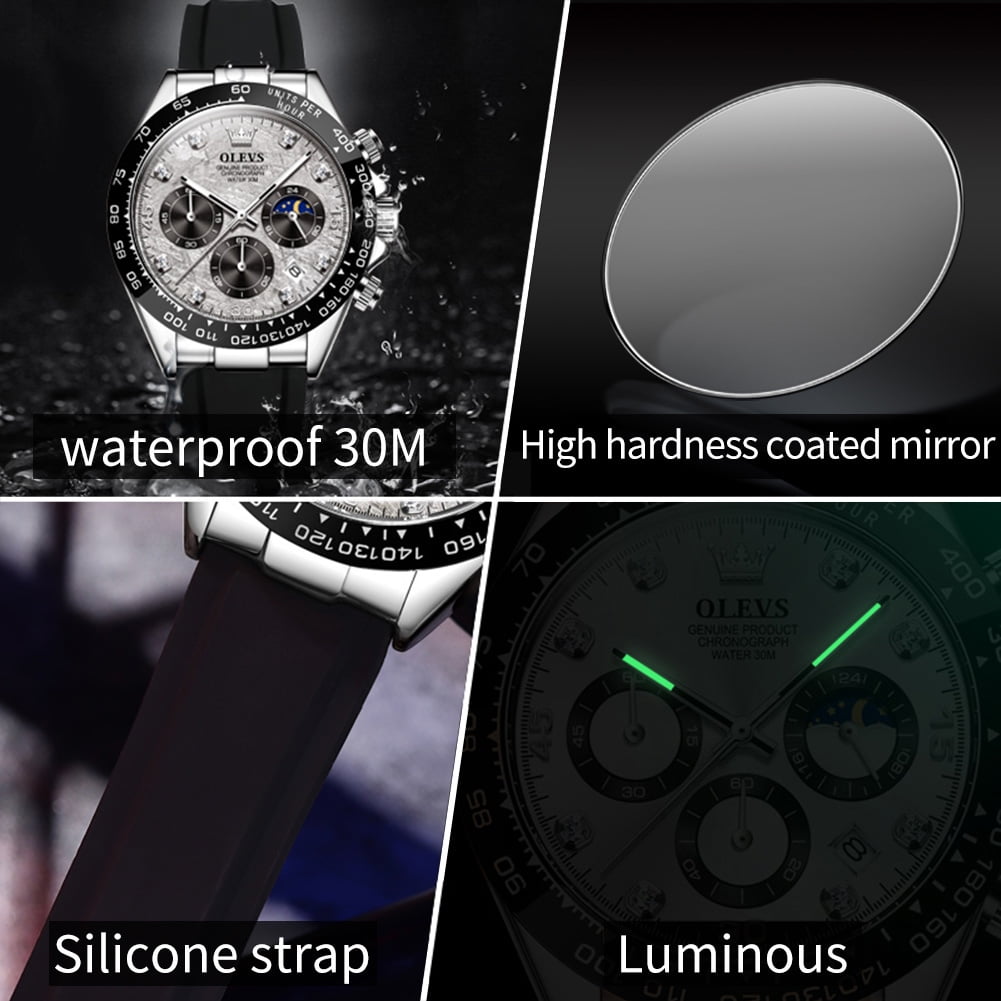 OLEVS Watches for Men Chronograph Multifunction Sport Silicone Luxury Dress Diamond Moon Phase Quartz Male Watch Waterproof Mens Wrist Watches Reloj para Hombre,Gold/Black/White/Blue/Grey Dial