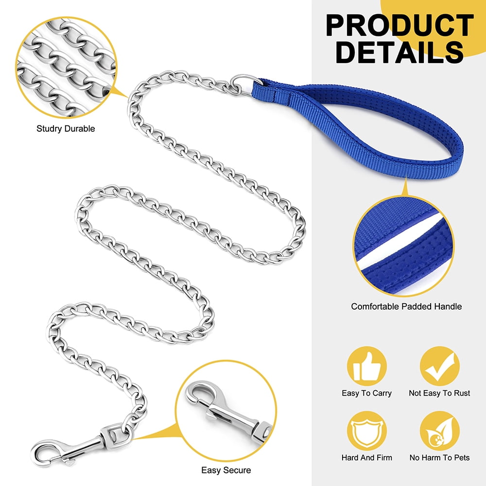 Pet Artist Bite Proof Heavy Duty Metal Chain Dog Leash with Comfortable Padded Handle Training Collar Leashes