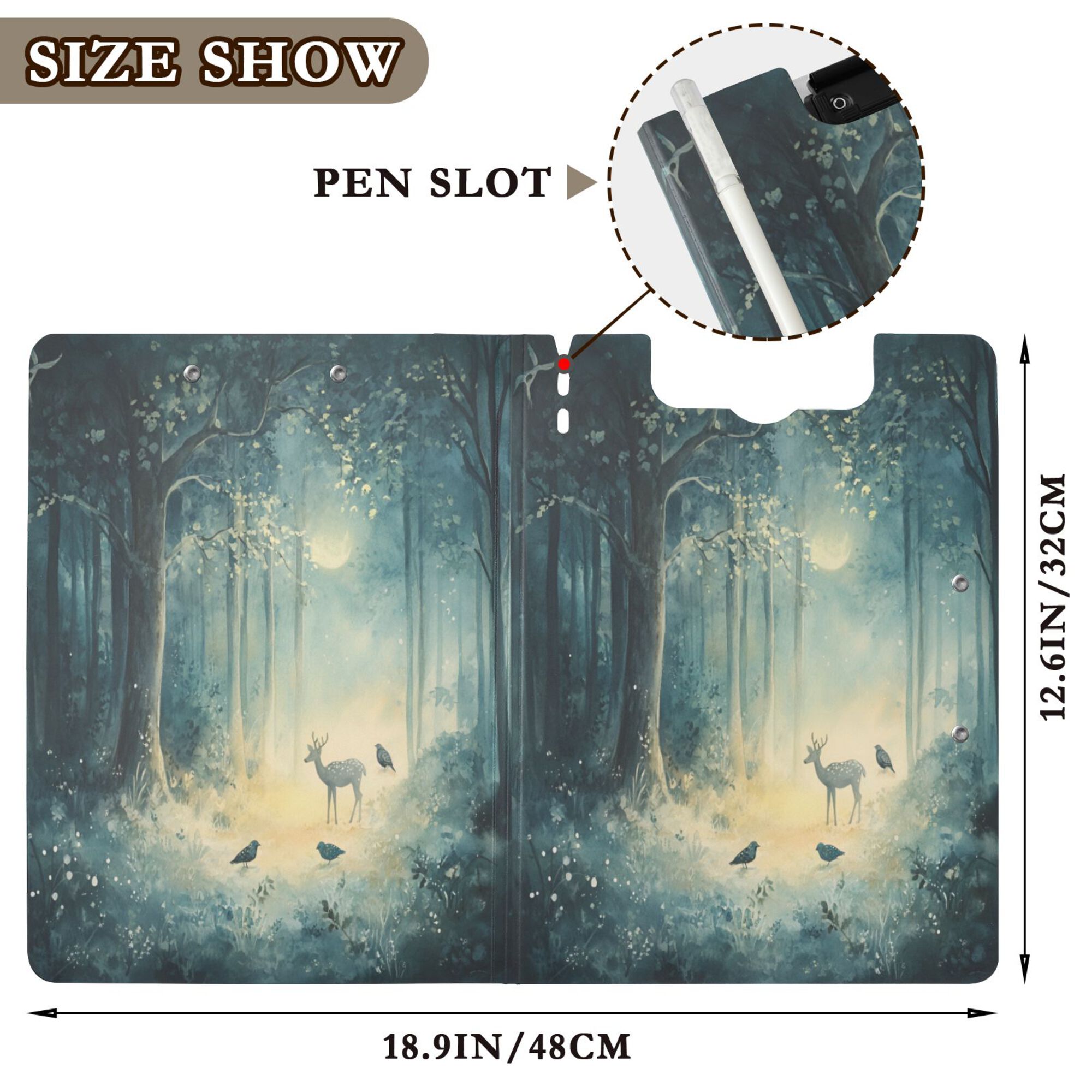 FORMRS A4 Clipboard Folder with Pen Holder Horizontal Foldable School Office Binder, Night Forest Scene