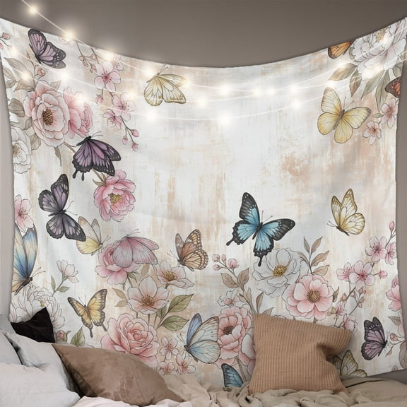 Vintage Pink Flowers Large Tapestry for Bedroom Wall Hanging Tapestry,Spring Floral Butterfly Retro Art Ceiling Backdrop Tapestries Poster Blanket Wall Decor for Teens Room Living Room 100" x 59"