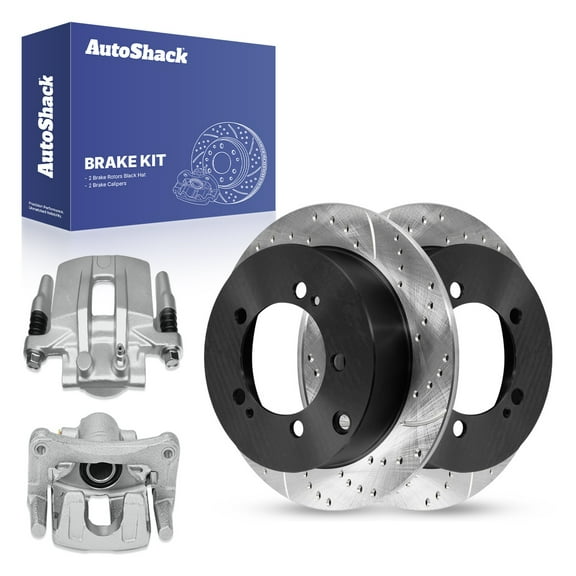 AutoShack 11.89" (302 mm) Rear Solid Drilled & Slotted Brake Rotors E-Coated   Calipers | Replacement for 2009-2011 Mitsubishi Outlander | 4-PC Brake Kit | ShadowGuard