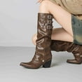 thumbnail image 2 of Leather Knee High Cowboy Boots for Women Block Heel Pointed Toe Vintage Buckle Strap Long Fall Boots Two Ways Wear Ankle Boots Brown Size 5.5, 2 of 6
