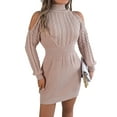 thumbnail image 2 of Women's Sweater Dress Knit Dress Off Shoulder Mock Neck Cable Knit Puff Sleeve Bodycon Winter Dress for Casual Party,Pink,M, 2 of 9