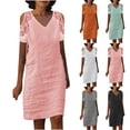 thumbnail image 1 of Yuyuzo Plus Size Cotton Linen Dress for Women Cold Shoulder Lace Short Sleeve Midi Dress Casual V Neck Short Dress, 1 of 6