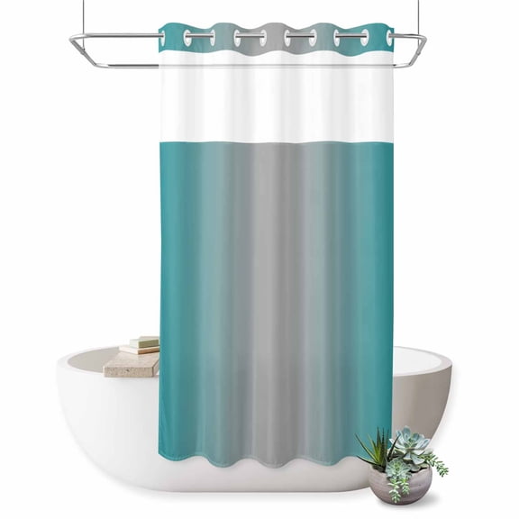 No Hook Shower Curtain, Teal Grey Ombre Shower Curtains for Bathroom with See Through Top Window, Gradient Contemporary Abstract Art Waterproof & Washable Bath Curtain Small Stall 36"x78"