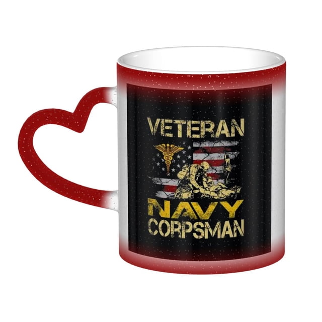 Taza de café que cambia de color con el orgulloso veterano de la Marina, taza de cerámica sensible al calor que cambia de color en el cielo