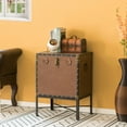 thumbnail image 2 of Faux Leather Trimmed Lockable Square Lined Storage Trunk, End Table on Metal Stand, 2 of 10