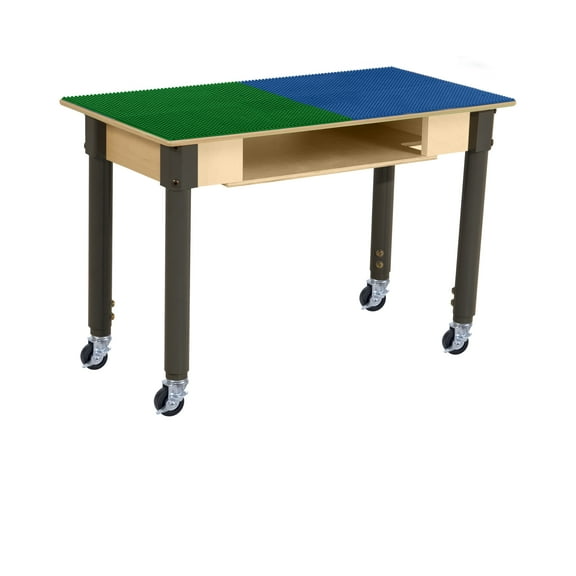 Time-2-Play Montessori Play Table, Reactangular Birch Plywood Blue & Green Lego Compatible Building Blocks Table Built-in Storage with Wheels for Kids [18”-29” Adjustable Legs]