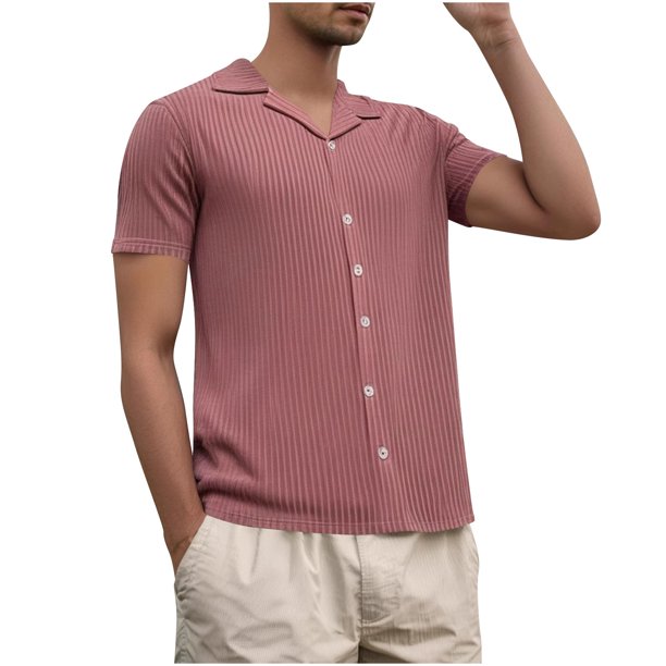 Blusa y camisa de manga corta con cuello vuelto para hombre, estilo casual de verano, de color liso, con solapa y botones, de manga corta