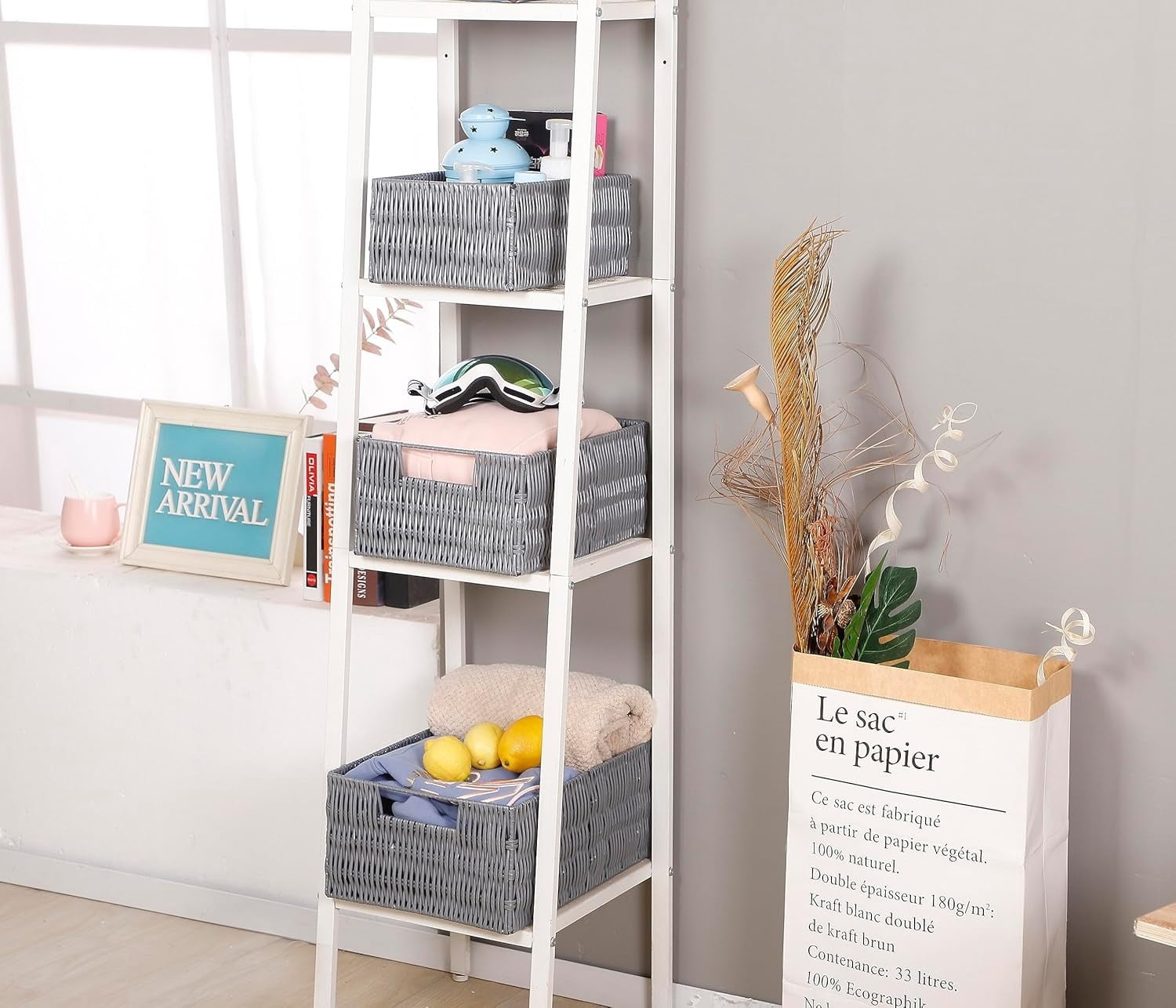 Elevon Rectangle Wicker Storage Baskets for Storage Racks, Shelves, Organizing, Handmade Wicker Storage Baskets Organizer, Waterproof Woven Storage for Toilet Shelf, Laundry Room, Gray, 3-Pack