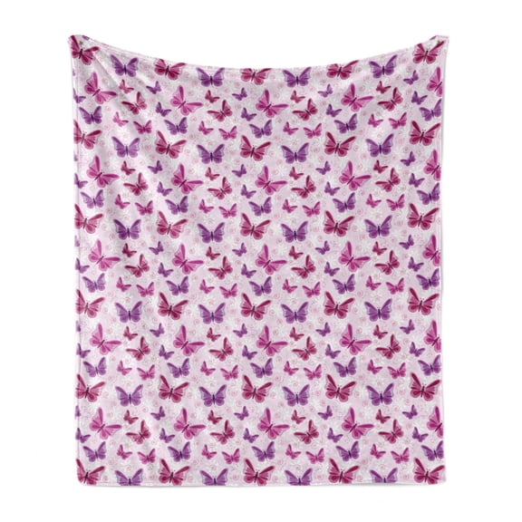 Purple Soft Flannel Fleece Blanket, Abstract Butterflies on Floral Background Feminine Romance Illustration, Cozy Plush for Indoor and Outdoor Use, 70" x 90", Maroon Purple Pale Pink, by Ambesonne