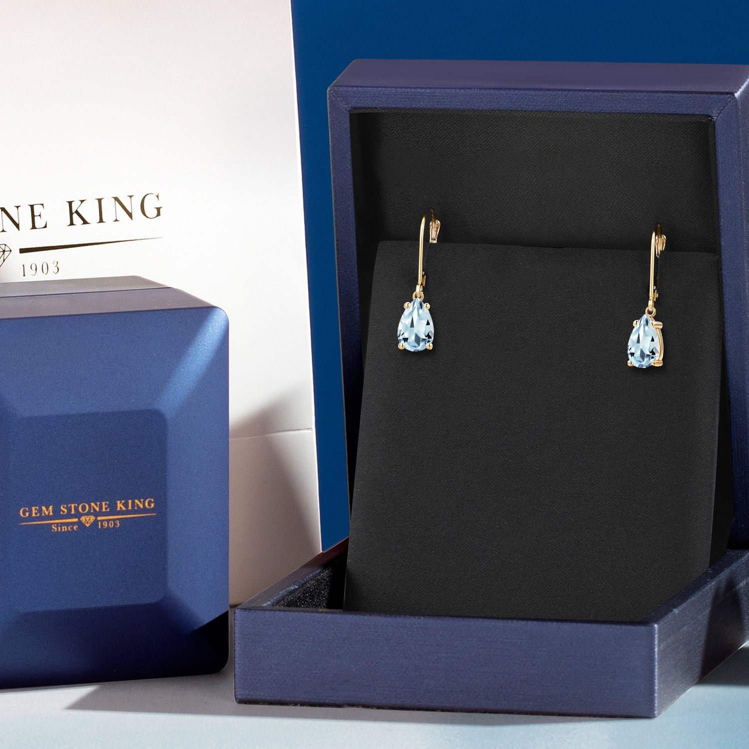 Gem Stone King 14K Yellow Gold Sky Blue Aquamarine Leverback Dangle Earrings for Women | 2.30 Cttw | Gemstone March Birthstone | Pear Shape 9X6MM