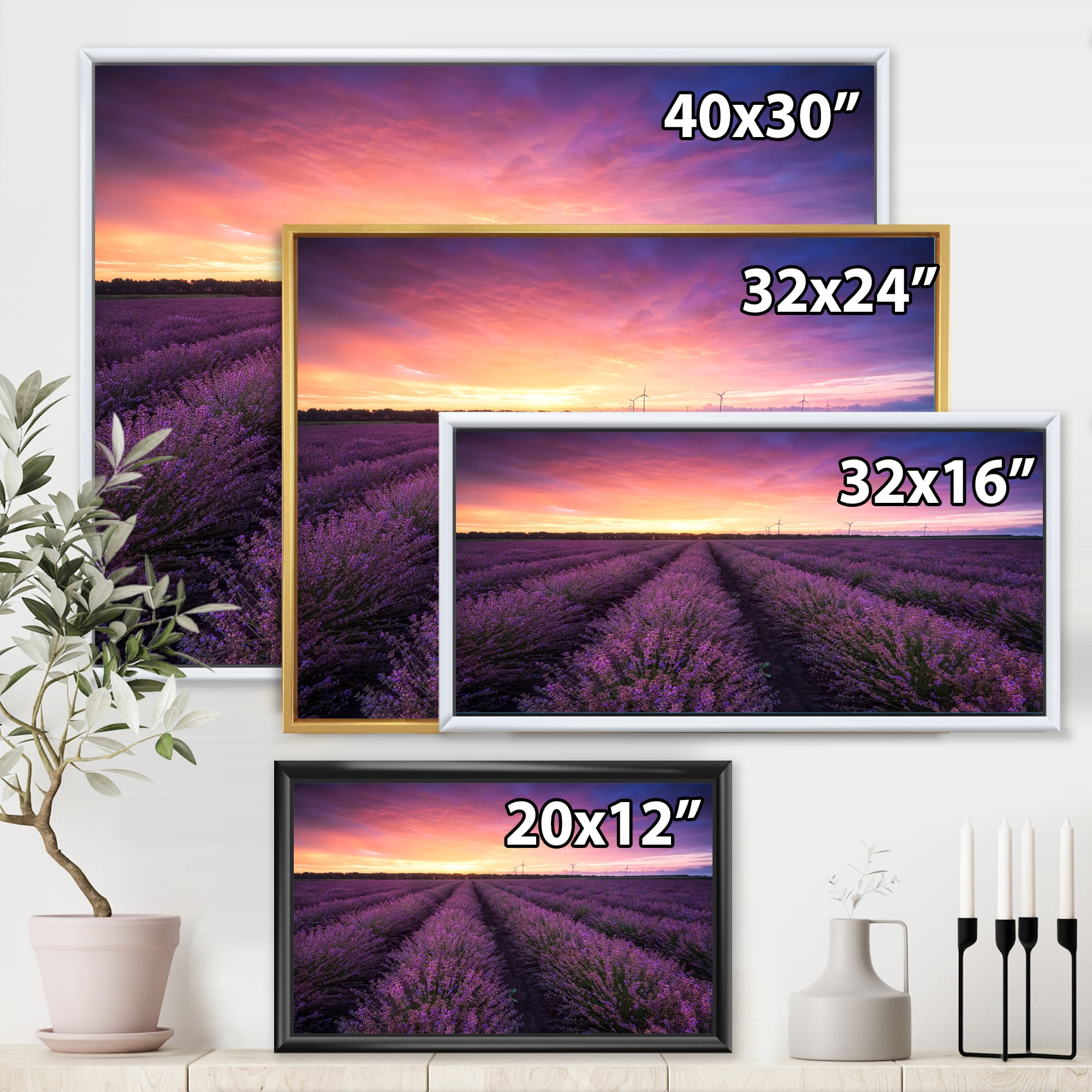 Designart 'Dramatic Clouds and Sunrise Over Lavender Field XIII' Farmhouse Framed Canvas Wall Art Print