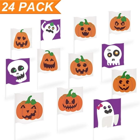 Halloween Yard Decorations, 24ct Small Stick Flags, Ghost Pumpkin Skeleton Mini Garden Flags, Halloween Trick or Treat Party Outdoor Decoration