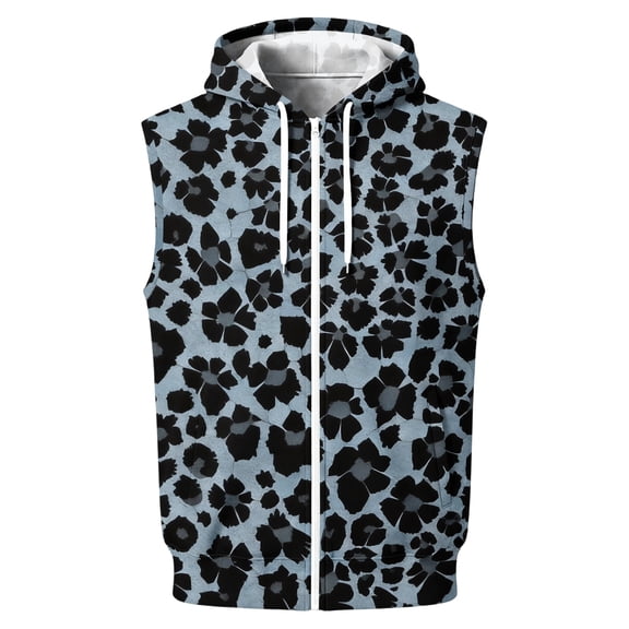 FENGYOU Mens Sleeveless Zip Up Hoodie Vest Casual Athletic Hooded Jacket with Leopard Print Lightweight Fleece Outerwear Blue L