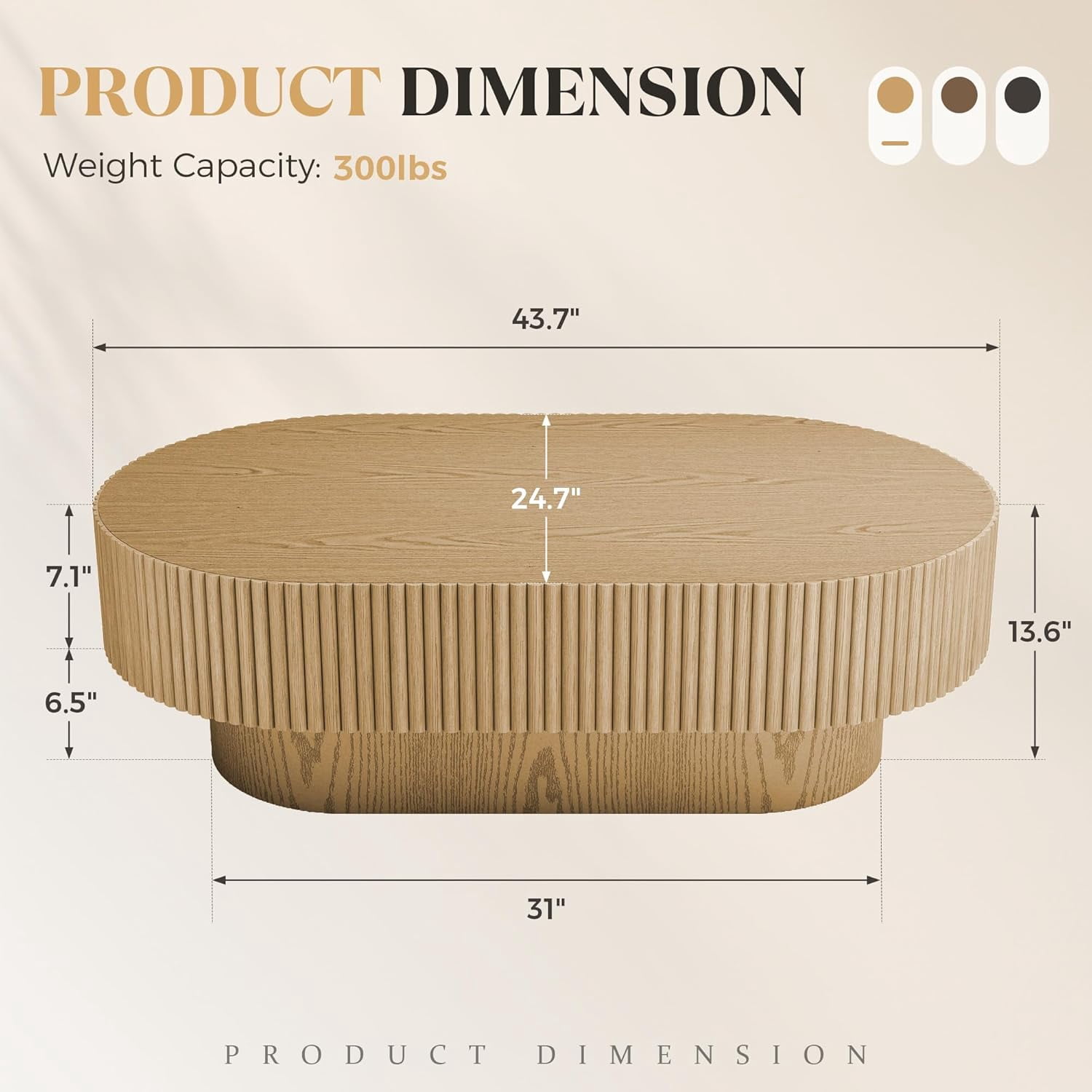 Gelloan 43.7" Oval Coffee Table, Modern Wood Fluted Coffee Table for Living Room, Relief Center Table with Sturdy Pedestal,Natural