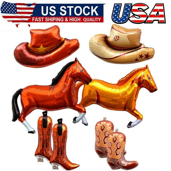 8Pcs Western Balloons Huge Brown Cowgirl Boot Hat Horse Aluminum Foil Balloons