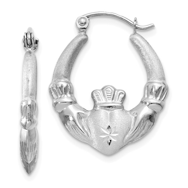 14k White Gold Claddagh Hoop Earrings Celtic