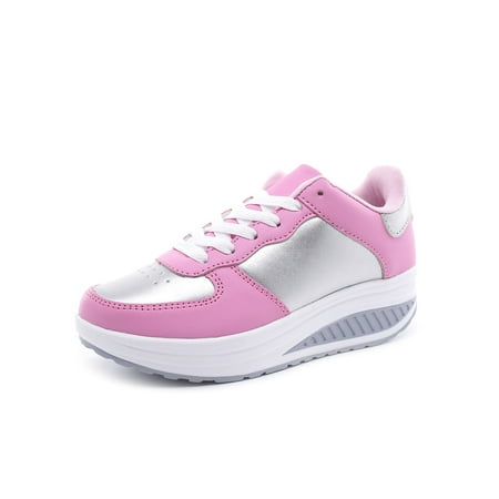 

Fangasis Womens Trainers Wedge Sneakers Casual Athletic Shoes Women Walking Shoe Workout Breathable Lace Up Pink Silver PU Upper 8.5