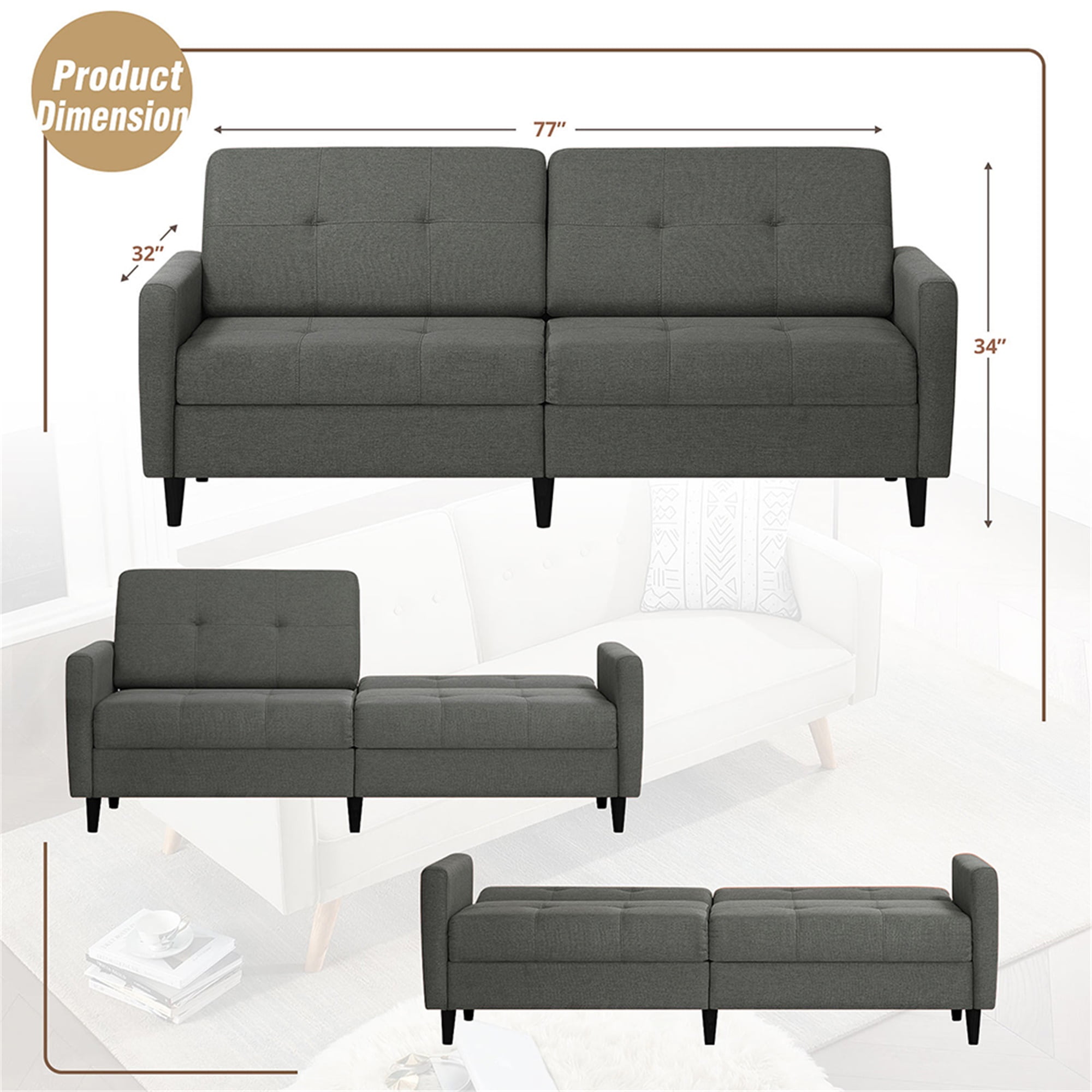 Kadyn Loveseat Sofa Bed, Mordern Convertible Sofa with Adjustable Backrest and Wooden Legs, 2-Seat Couch for Bedroom, Grey Kadyn Loveseat Sofa Bed, Mordern Convertible Sofa with Adjustable Backrest and Wooden Legs, 2-Seat Couch for Bedroom, Grey