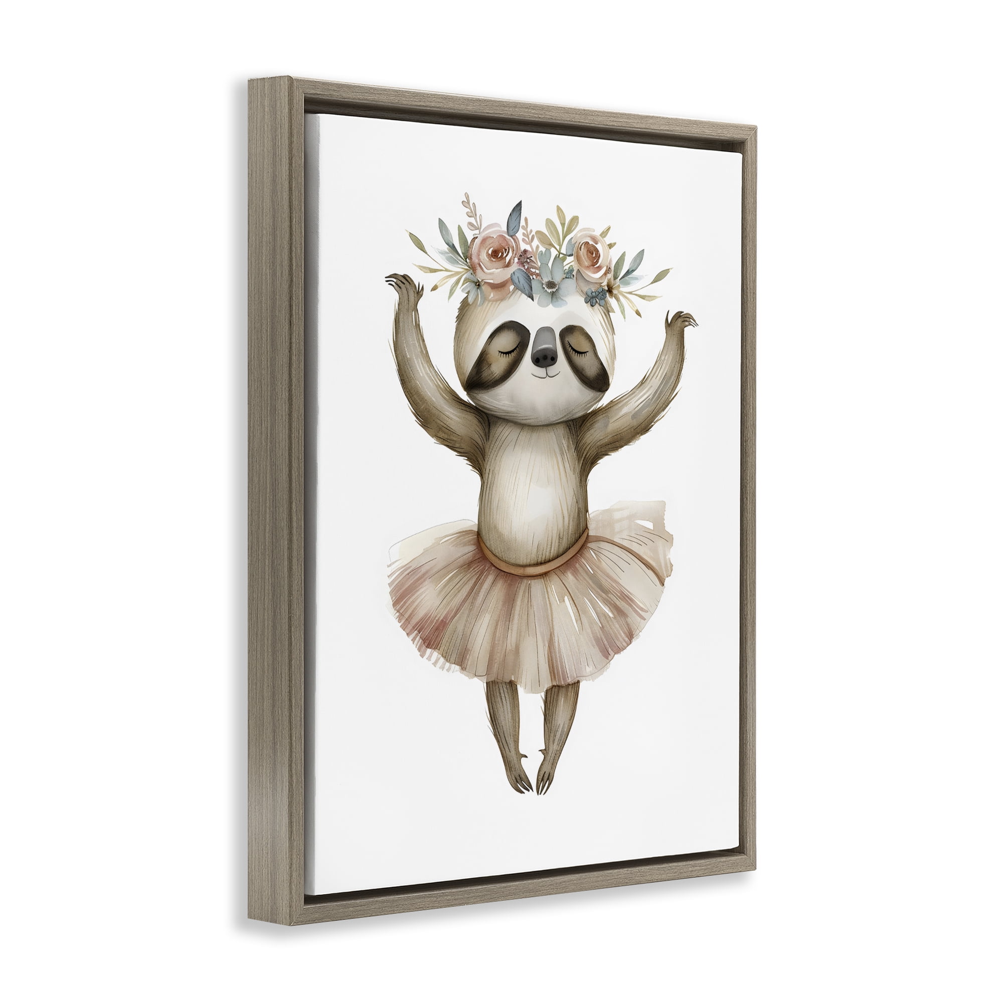 Stupell Industries Dreamy Sloth Ballet with Flowers Brown Framed Floater Canvas Wall Art, design by LSR Design Studio