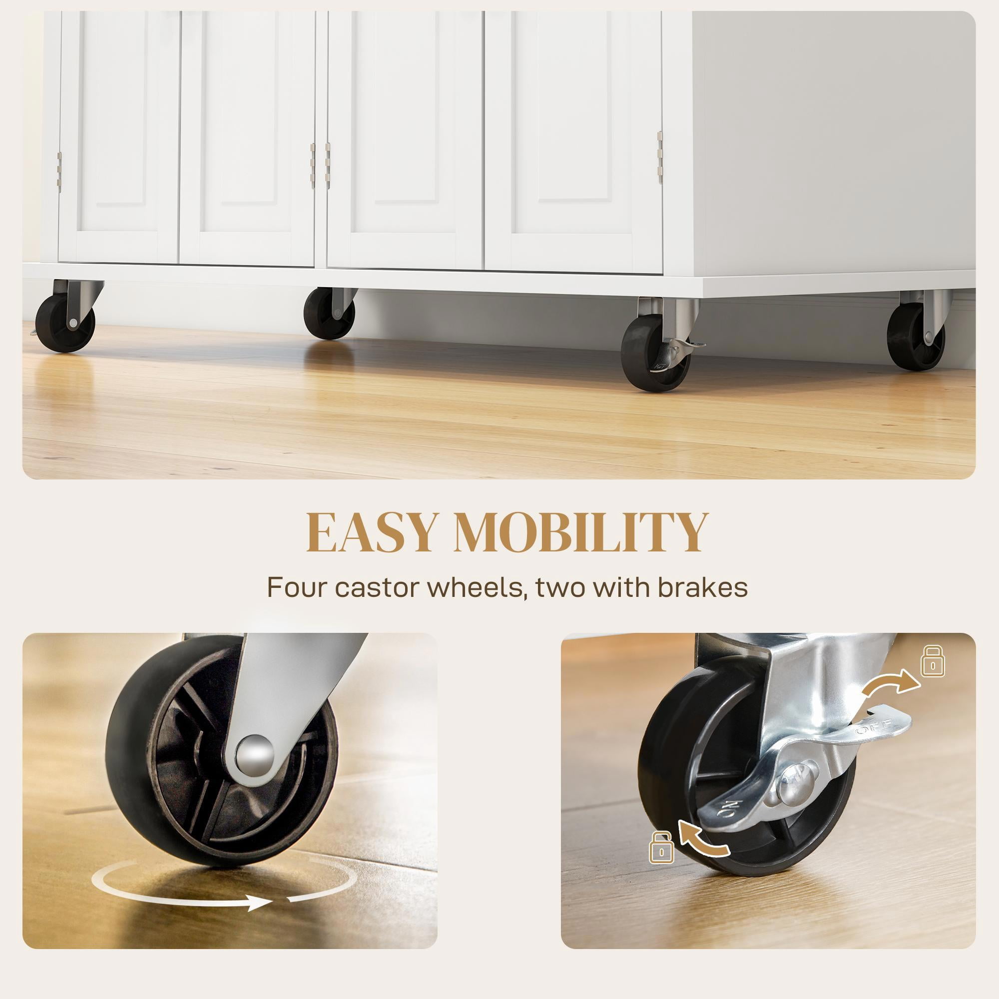 GVN Rolling Kitchen Table, Kitchen Island,Kitchen Island on Wheels, Rolling Cart with Rubberwood Top, Spice Rack, Towel Rack and Drawers, Cream White
