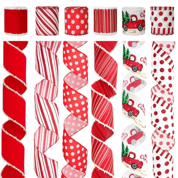 Cinta Navideña KINGLAKE Roja y Blanca con Alambre 2,5" 30 Yardas 6 Rollos