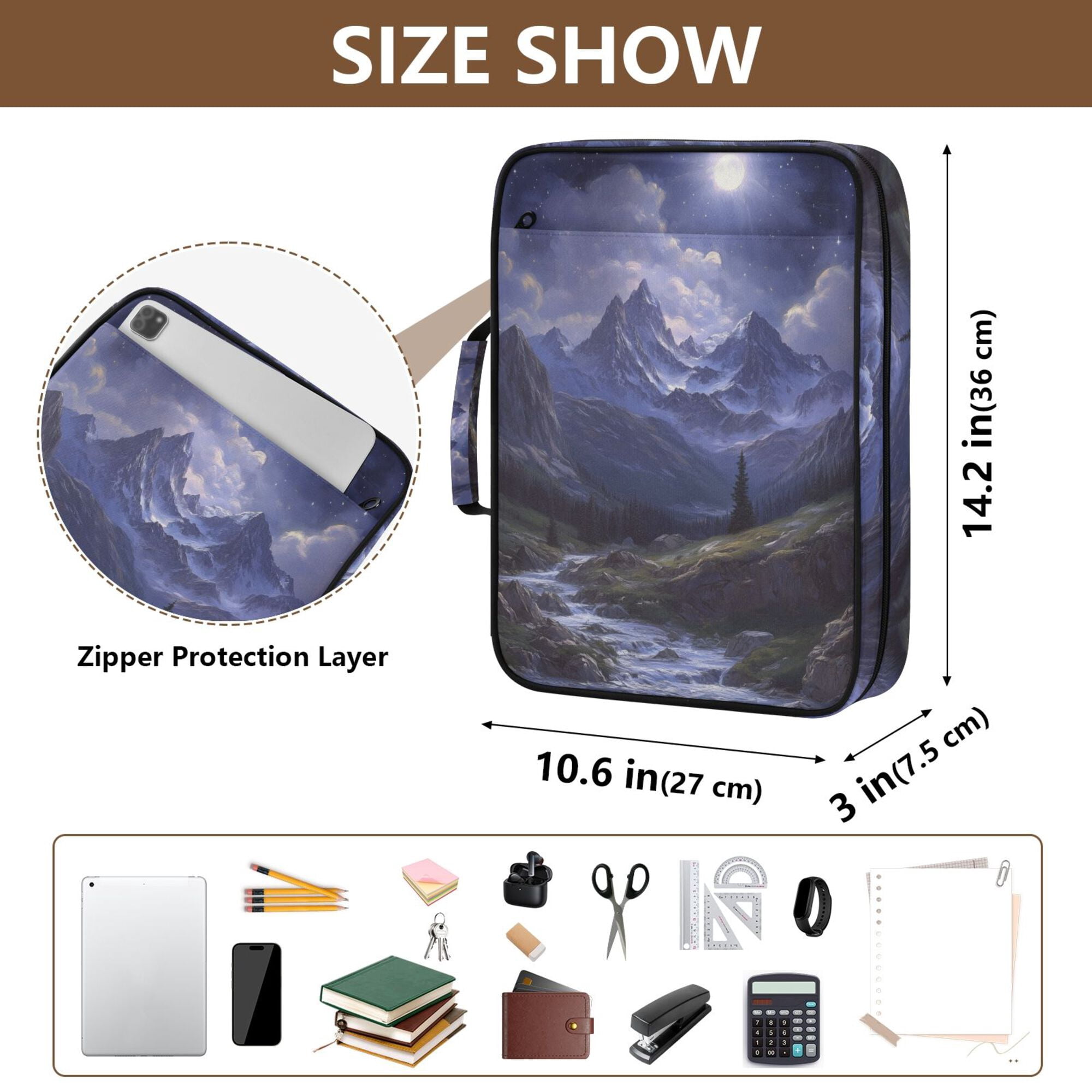 FORMRS Accordion File Folder A4 Size 7-Pocket Expanding Document Organizer Bag with 3 Ring Binder, Moonlight Mountain