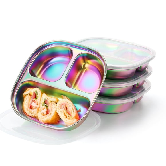 Platos infantiles AIEVE de acero inoxidable, paquete de 4 con tapas