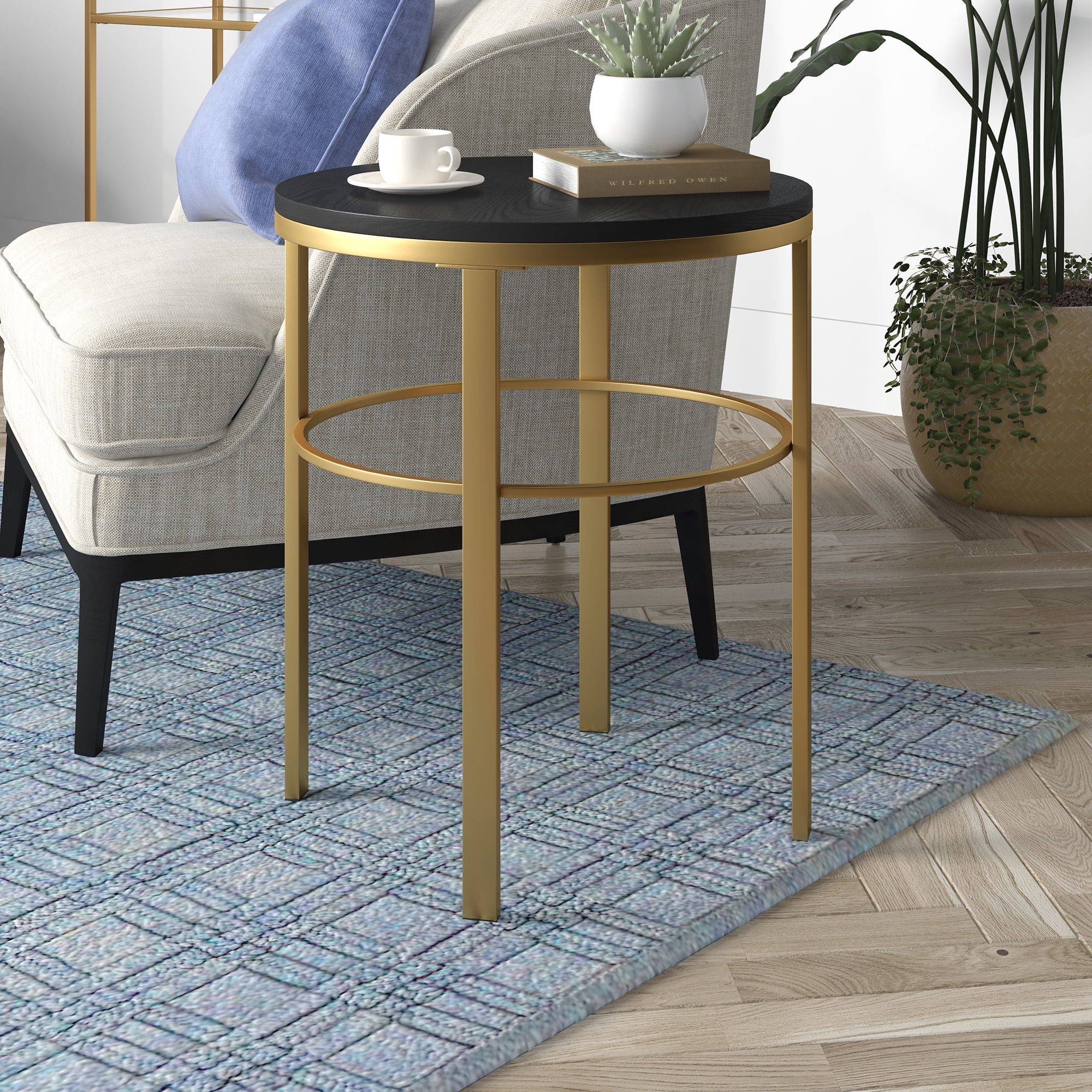 Evelyn&Zoe Gaia 20" Wide Round Side Table with MDF Top, Brass/Black Grain