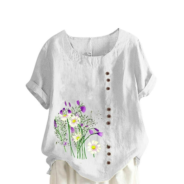 Camiseta suelta informal de verano con cuello redondo y manga corta con estampado de flores para mujer OAVQHLG3B Store lin121212