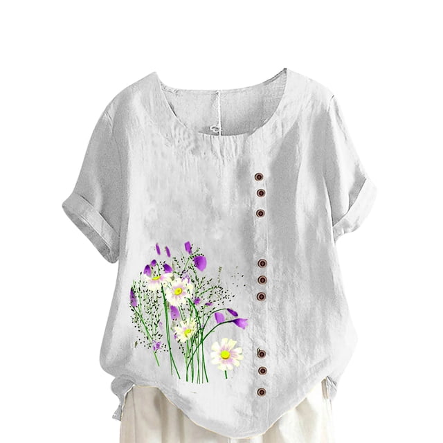 Cameland Hauts pour Femmes Col Rond Manches Courtes Imprimé Floral Chemise Ample