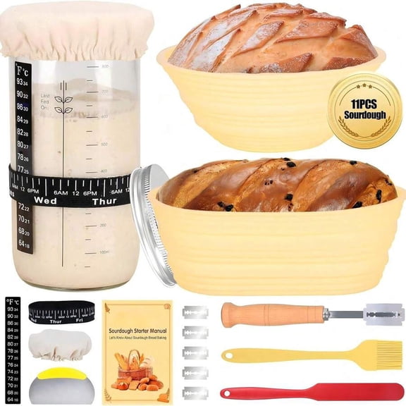 Sourdough Starter Kit with 34oz Glass Jar and 2 Banneton Proofing Baskets, Complete 15-Piece Bread Baking Supplies Set with Thermometer, Feeding Tracker, and Metal Dough Scraper