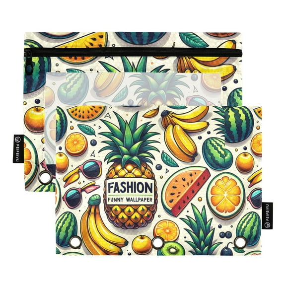Fashion Fruits and Sunglasses 2 Pack Pencil Pouch for 3 Ring Binder Smooth Zipper Folders with Pockets Clear Window Pencil Case